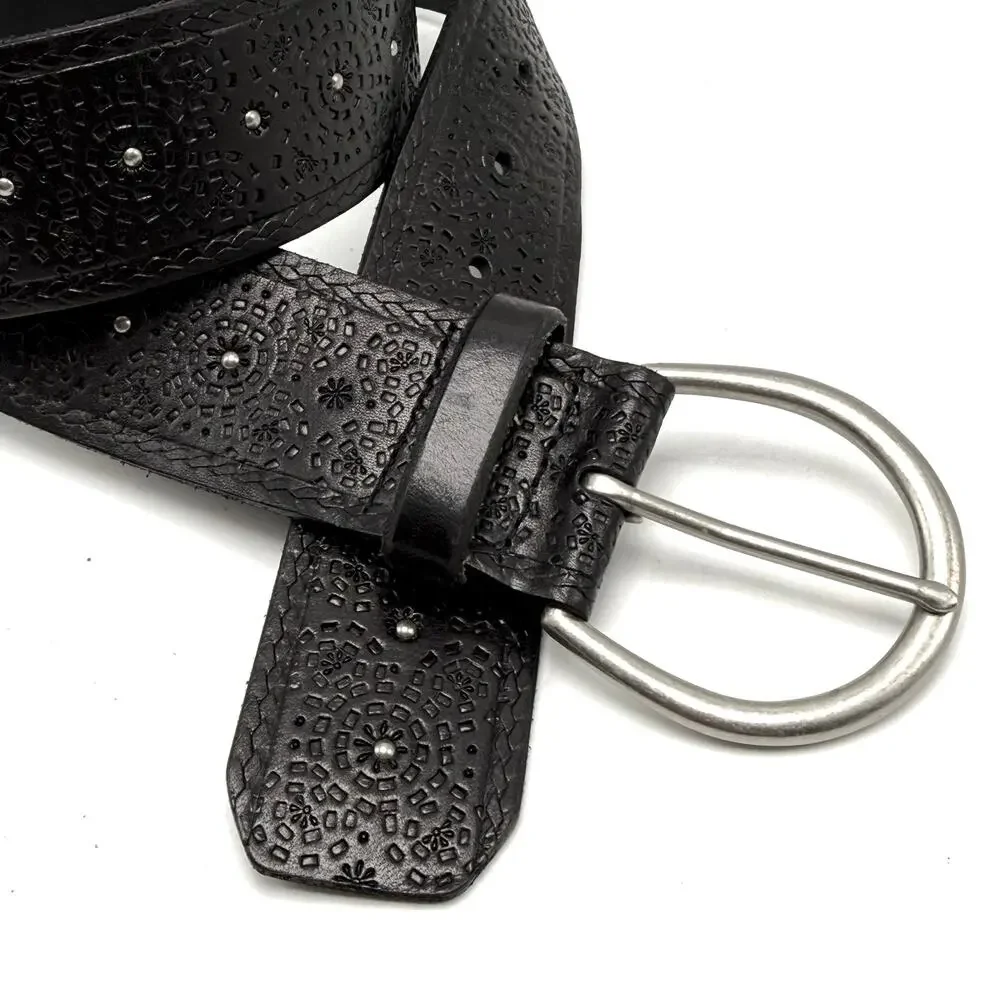 Fossil Boho Western Belt M 30-36 Black Tooled Leather Studded Hippie Cowgirl